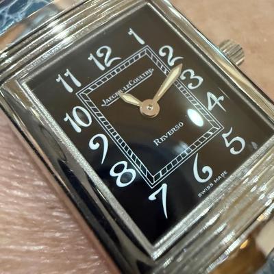 Jaeger-LeCoultre Reverso 18k White Gold Blue Crocodile Band Black Dial Face