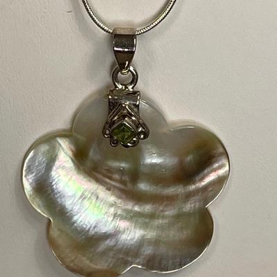 Large shell with Peridot Sterling pendant necklace