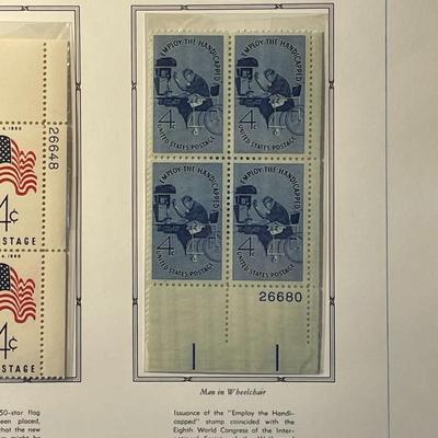 50-Star Flag & Employ the Physically Handicap 1960 Mint Condition US Stamp Plate Blocks Page as Pictured. Only One $5 Shipping Charge...