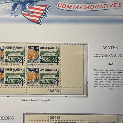 Water Conservation & Jefferson's Credo 1960 Mint Condition US Stamp Plate Blocks Page as Pictured. Only One $5 Shipping Charge...