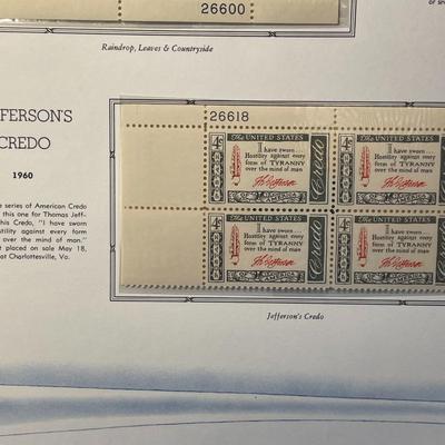 Water Conservation & Jefferson's Credo 1960 Mint Condition US Stamp Plate Blocks Page as Pictured. Only One $5 Shipping Charge...