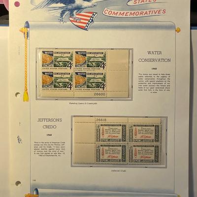Water Conservation & Jefferson's Credo 1960 Mint Condition US Stamp Plate Blocks Page as Pictured. Only One $5 Shipping Charge...