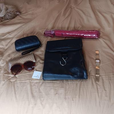 TRAVEL ORGANIZER, LIZ CLAIBORNE SUNGLASSES, TIMEX WATCH, UMBRELLA & OAKLEY CASE