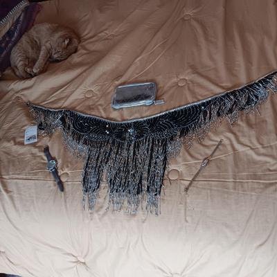 BEADS AND SEQUINS SCARF, 2 WATCHES AND SMALL ZIPPERED BAG
