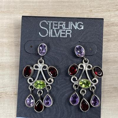 Amethyst Garnet and Peridot Sterling Silver earrings