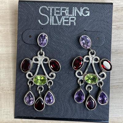 Amethyst Garnet and Peridot Sterling Silver earrings