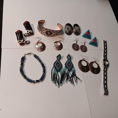 EARRINGS, BRACELETS AND A WATCH