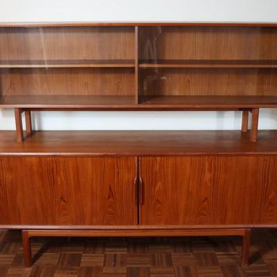 Danish Teak Tambour Doors Long Credenza with Glass Doors Hutch