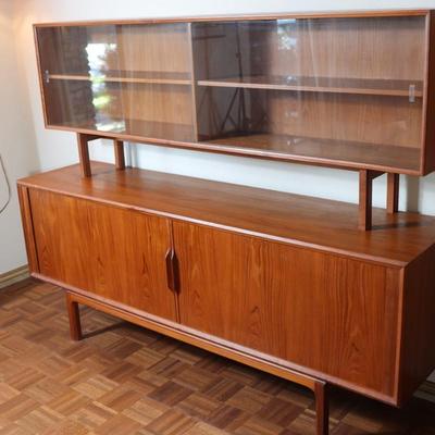Danish Teak Tambour Doors Long Credenza with Glass Doors Hutch