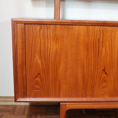 Danish Teak Tambour Doors Long Credenza with Glass Doors Hutch