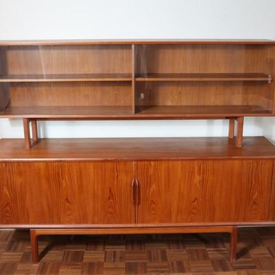 Danish Teak Tambour Doors Long Credenza with Glass Doors Hutch