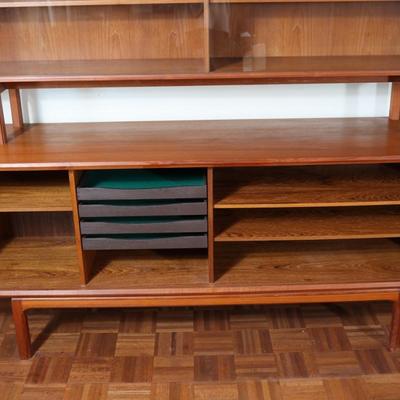 Danish Teak Tambour Doors Long Credenza with Glass Doors Hutch
