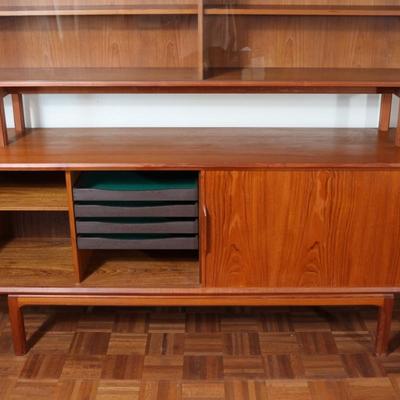 Danish Teak Tambour Doors Long Credenza with Glass Doors Hutch