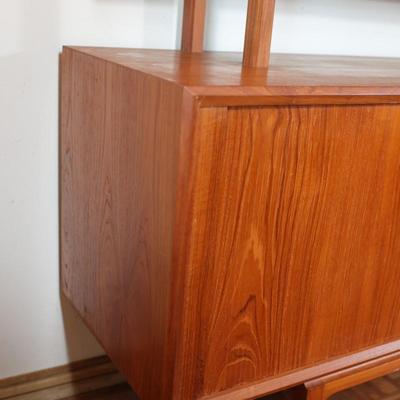 Danish Teak Tambour Doors Long Credenza with Glass Doors Hutch