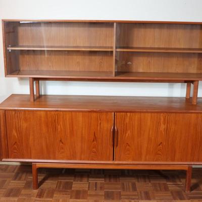 Danish Teak Tambour Doors Long Credenza with Glass Doors Hutch