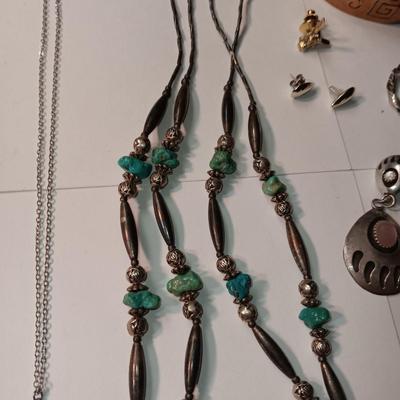 STERLING EARRINGS, TURQUOISE AND SILVER NECKLACE, EARRINGS, BRACELET AND WATCH