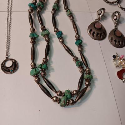 STERLING EARRINGS, TURQUOISE AND SILVER NECKLACE, EARRINGS, BRACELET AND WATCH