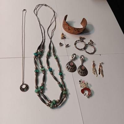 STERLING EARRINGS, TURQUOISE AND SILVER NECKLACE, EARRINGS, BRACELET AND WATCH