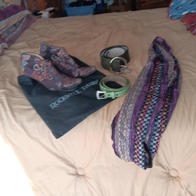 LADIES ROCKWELL THARP BOOTS, CHICO'S AND ROPER LEATHER BELTS PLUS A SCARF