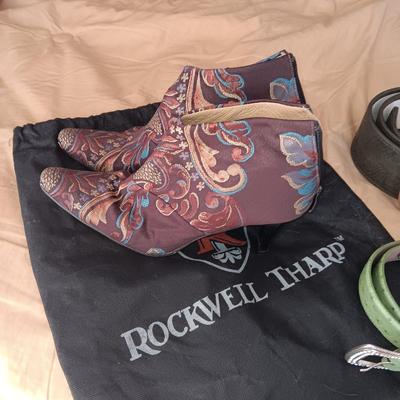 LADIES ROCKWELL THARP BOOTS, CHICO'S AND ROPER LEATHER BELTS PLUS A SCARF