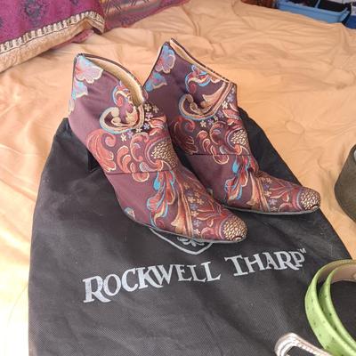 LADIES ROCKWELL THARP BOOTS, CHICO'S AND ROPER LEATHER BELTS PLUS A SCARF