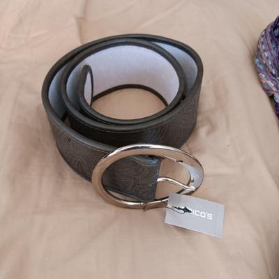 LADIES ROCKWELL THARP BOOTS, CHICO'S AND ROPER LEATHER BELTS PLUS A SCARF