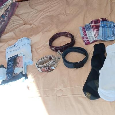 MEN'S NEW UNDERWEAR (34), 3 BELTS (38) SOCKS AND HANKIES