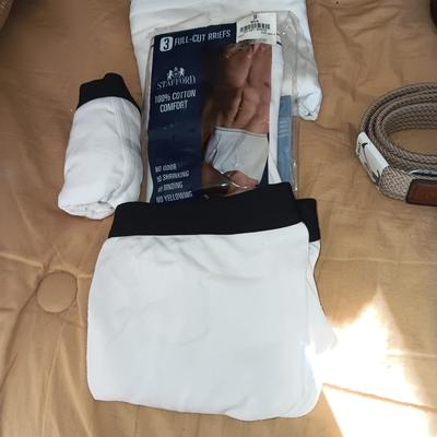 MEN'S NEW UNDERWEAR (34), 3 BELTS (38) SOCKS AND HANKIES