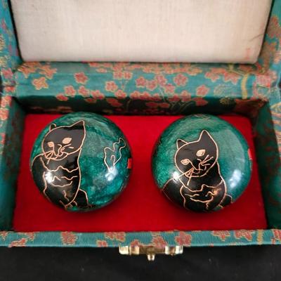 Chinese Cloisonne Handmade Ball - Baoding Balls Chinese with cats on them and a wooden letter opener