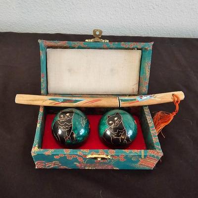 Chinese Cloisonne Handmade Ball - Baoding Balls Chinese with cats on them and a wooden letter opener