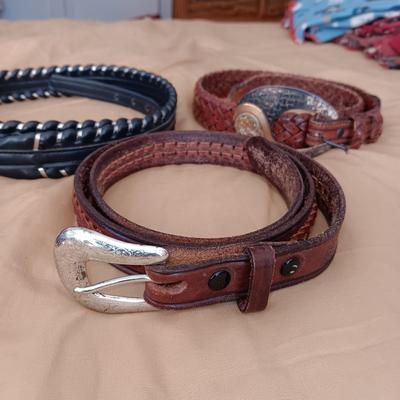 LADIES LEATHER BELTS (MED-LARGE), SCARF AND 2 CLOTH WALLETS