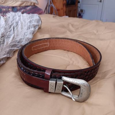 LADIES LEATHER BELTS (MED-LARGE), SCARF AND 2 CLOTH WALLETS
