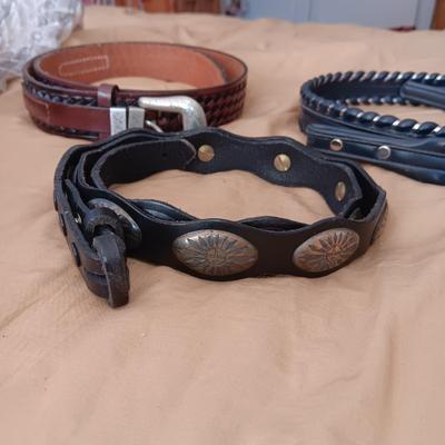 LADIES LEATHER BELTS (MED-LARGE), SCARF AND 2 CLOTH WALLETS