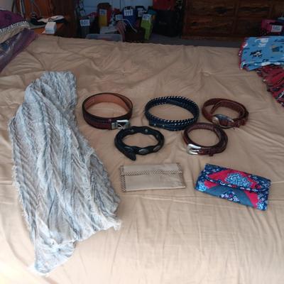 LADIES LEATHER BELTS (MED-LARGE), SCARF AND 2 CLOTH WALLETS