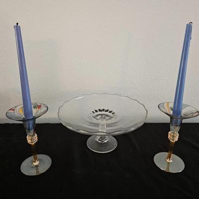 Beautiful Party lite tapered candle holders made in Romania with a glass pedestal cake plate