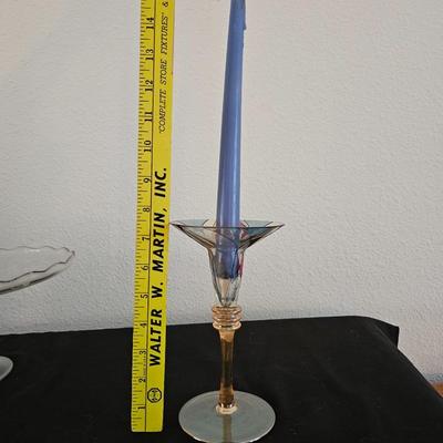 Beautiful Party lite tapered candle holders made in Romania with a glass pedestal cake plate