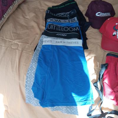 MEN'S UNDERWEAR (38), BALL CAPS, SOCKS AND SHOULDER PACK