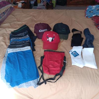 MEN'S UNDERWEAR (38), BALL CAPS, SOCKS AND SHOULDER PACK