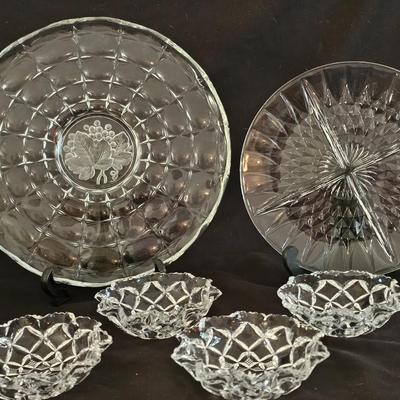 Assortment of pressed glass dishes - platter - divided platter and 4 bowls