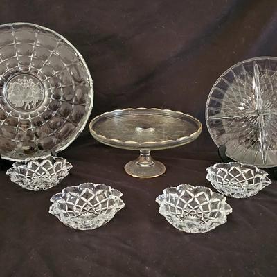 Assortment of pressed glass dishes - platter - divided platter and 4 bowls
