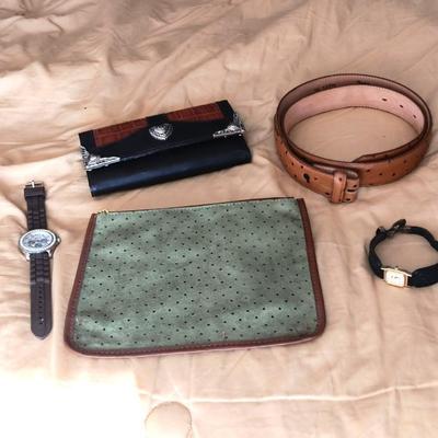 TONY LAMA LEATHER BELT (36), LEATHER WALLET, 2 WATCHES AND MORE
