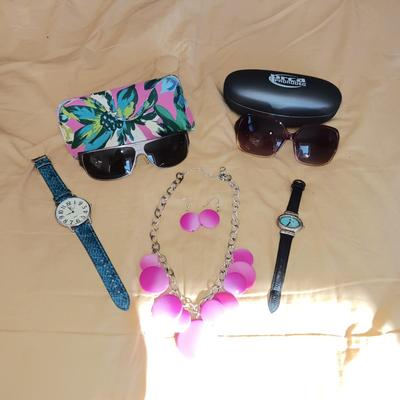 MURANO AND ANOTHER SUNGLASSES, 2 WATCHES AND NECKLACE/EARRING SET
