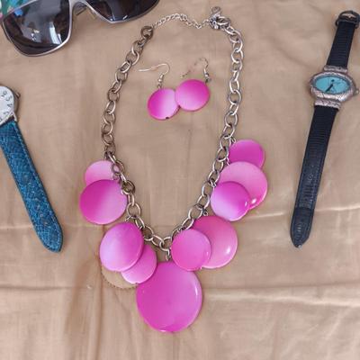MURANO AND ANOTHER SUNGLASSES, 2 WATCHES AND NECKLACE/EARRING SET
