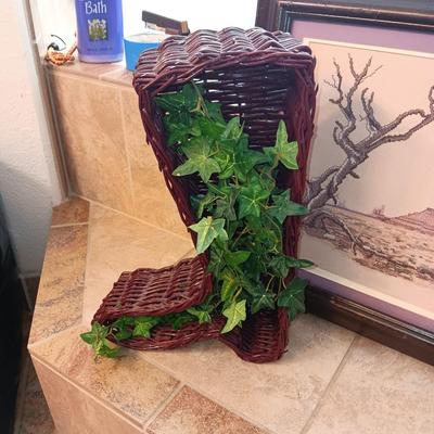 ANTIQUE PORCELAIN COMMODE, NEEDLEPOINT PICTURE AND WICKER BOOT