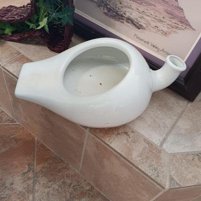 ANTIQUE PORCELAIN COMMODE, NEEDLEPOINT PICTURE AND WICKER BOOT