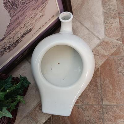 ANTIQUE PORCELAIN COMMODE, NEEDLEPOINT PICTURE AND WICKER BOOT