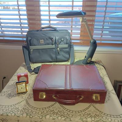 DESK LAMP, SOFT AND HARD SIDED BRIEFCASES PLUS CARAVELLE TRAVEL CLOCK