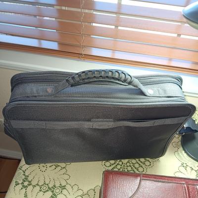 DESK LAMP, SOFT AND HARD SIDED BRIEFCASES PLUS CARAVELLE TRAVEL CLOCK