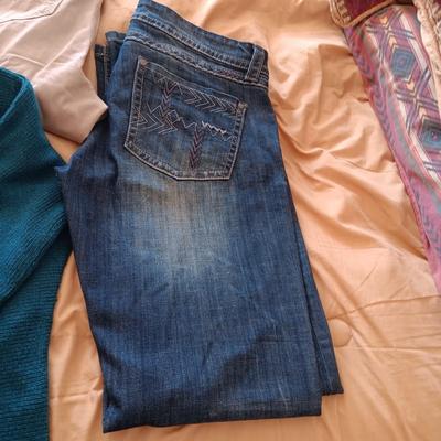 LADIES STETSON JEANS AND PANTS (14), 2 LARGE SHIRTS