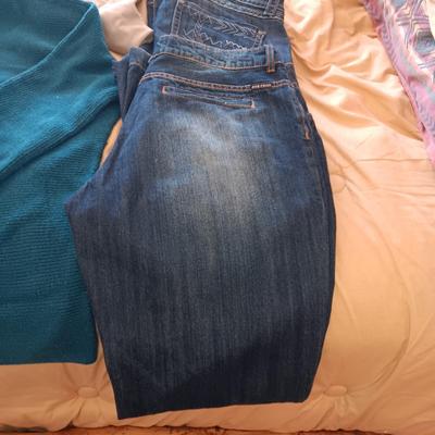 LADIES STETSON JEANS AND PANTS (14), 2 LARGE SHIRTS